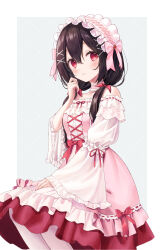 Rule 34 | 1girl, black hair, blush, bow, breasts, closed mouth, collarbone, commentary request, dress, feet out of frame, frilled dress, frills, grey background, hair between eyes, hair bow, hair ornament, hair over shoulder, hairclip, hand up, highres, juliet sleeves, long hair, long sleeves, low twintails, off-shoulder dress, off shoulder, original, pantyhose, pink dress, puffy sleeves, red bow, red eyes, rimo, simple background, sleeves past wrists, small breasts, smile, solo, twintails, white pantyhose, wide sleeves, x hair ornament