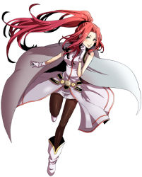 Rule 34 | 1girl, antenora, antenora victoria, belt, blush, cloak, full body, gloves, green eyes, long hair, pantyhose, ponytail, red hair, shoes, sidelocks, simple background, smile, solo, source request, white background, wild arms, wild arms 2