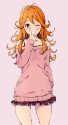 Rule 34 | 1girl, ahoge, alp, antenna hair, bare shoulders, blush, bra strap, hand in pocket, long hair, looking at viewer, off shoulder, one eye closed, orange hair, red eyes, simple background, skirt, smile, solo, sweater, tokyo 7th sisters, usuta sumire, v