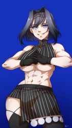 Rule 34 | 1girl, abs, asymmetrical clothes, biceps, black gloves, black thighhighs, blue hair, blue ribbon, bow, bow earrings, breasts, chain, chain headband, cleavage cutout, clothing cutout, cowboy shot, earrings, gloves, hair intakes, head chain, headband, highres, hololive, hololive english, jewelry, large breasts, miniskirt, muscular, muscular female, ouro kronii, ribbon, ryuuen, shirt, short hair, skirt, sleeveless, sleeveless shirt, smile, solo, sweater, thighhighs, turtleneck, turtleneck sweater, underboob, underboob cutout, virtual youtuber, zipper