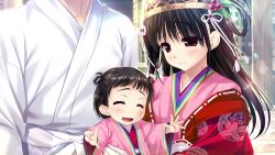 Rule 34 | 1boy, 2girls, baby, black hair, blush, brother and sister, carrying, carrying under arm, closed eyes, father and daughter, game cg, haruru minamo ni!, headdress, highres, japanese clothes, kimono, layered clothes, layered kimono, long hair, long sleeves, mother and daughter, multiple girls, official art, open mouth, red eyes, shintarou, short hair, siblings, smile, yamagami miori