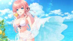 Rule 34 | 1girl, :d, absurdres, alpha (yukai na nakamatachi), bikini, blue eyes, blue sky, blurry, blurry background, braid, breasts, cleavage, cloud, collarbone, day, food, front-tie bikini top, front-tie top, fruit, hair ornament, hair ribbon, highres, holding, holding food, holding fruit, lemon, long hair, medium breasts, navel, ocean, open mouth, original, outdoors, paid reward available, pink hair, plaid, plaid ribbon, ribbon, sarong, side-tie bikini bottom, sidelocks, sky, smile, solo, standing, stomach, summer, swimsuit, very long hair, white bikini, x hair ornament