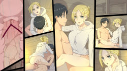Rule 34 | 1boy, 1girl, absurdres, annie leonhart, artist request, bed, bed sheet, blonde hair, blue eyes, blush, breasts, brown hair, censored, eren yeager, happy sex, hetero, highres, hood, hood down, hooded jacket, jacket, long hair, looking at another, medium breasts, nude, open mouth, sex, shingeki no kyojin, short hair, straddling, sweat, upright straddle, vaginal
