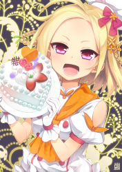 Rule 34 | 1girl, :d, ahoge, blonde hair, braid, buttons, cake, close-up, cookie, cream, dress, flower knight girl, food, gloves, hat, heart, holding, looking at viewer, mistletoe (flower knight girl), open mouth, pink eyes, plate, puffy short sleeves, puffy sleeves, short hair, short sleeves, side braid, smile, solo, teeth, twin braids, upper body, weshika, white dress, white gloves, white hat, yadorigi (flower knight girl)