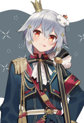 Rule 34 | 1boy, absurdres, aiguillette, armband, closed mouth, crown, dog hair ornament, epaulettes, grey hair, hair ornament, highres, inuyama tamaki, long sleeves, looking at viewer, mini crown, noripro, official alternate costume, red eyes, short hair, solo, tongue, tongue out, trap, upper body, virtual youtuber, yumesaki nana