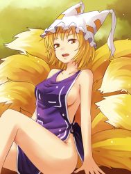Rule 34 | 1girl, adapted costume, animal ears, apron, bare shoulders, blonde hair, breasts, fox ears, fox tail, hat, looking at viewer, miyo (ranthath), multiple tails, naked apron, naked tabard, open mouth, short hair, sideboob, sitting, solo, tabard, tail, tongue, touhou, yakumo ran, yellow eyes