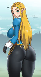 Rule 34 | 1girl, ?, artist name, ass, back, black gloves, black pants, blonde hair, blue eyes, blue shirt, blue sky, breasts, cloud, cowboy shot, day, fingerless gloves, from behind, gloves, hair ornament, hairclip, highres, hip focus, huge ass, juliet sleeves, large breasts, long hair, long sleeves, looking at viewer, looking back, nintendo, onomeshin, outdoors, pants, parted lips, pointy ears, princess zelda, puffy sleeves, shirt, sidelocks, signature, skin tight, sky, solo, standing, straight hair, the legend of zelda, the legend of zelda: breath of the wild, thick eyebrows, thick thighs, thighs, wide hips