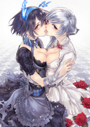 Rule 34 | 2girls, alice (sinoalice), apron, asymmetrical docking, asymmetrical hair, bad id, bad pixiv id, black dress, black hair, blush, breast press, breasts, brown eyes, cleavage, dress, flower, frilled apron, frills, from side, grey eyes, grey hair, hair between eyes, hairband, hand up, highres, kiss, lace, lace-trimmed dress, lace trim, lips, long sleeves, looking at viewer, medium breasts, multiple girls, parted lips, red flower, red rose, rororogi mogera, rose, short hair, short hair with long locks, short sleeves, sinoalice, small breasts, snow white (sinoalice), waist apron, white dress, yuri