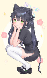 Rule 34 | 1girl, animal ear fluff, animal ears, black dress, black hair, blue archive, blush, china dress, chinese clothes, dress, green eyes, highres, long hair, looking at viewer, seungju lee, shun (blue archive), shun (small) (blue archive), simple background, smile, solo, thighhighs, twintails, white background, white thighhighs, yellow background