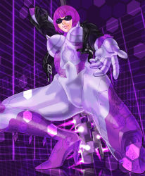 Rule 34 | 1girl, bad id, bad pixiv id, club (weapon), cyborg, glowing, high heels, jacket, looking at viewer, mace, mathilda, mathilda (madworld), max anarchy, mole, open mouth, outstretched hand, purple background, purple hair, sega, shoes, smile, solo, spikes, sunglasses, ushio (siriuspika), weapon