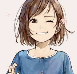 Rule 34 | 1girl, blue shirt, brown eyes, brown hair, commentary, flower, grin, hair flower, hair ornament, hairclip, highres, looking at viewer, notice lines, one eye closed, original, pink background, sako (35s 00), shirt, short hair, simple background, smile, solo, upper body