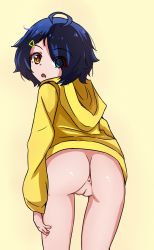 Rule 34 | 1girl, :o, absurdres, anus, ass, ass focus, bare legs, bent over, blue hair, bottomless, cameltoe, clothes lift, commission, female focus, heterochromia, highres, hood, hoodie, hoodie lift, looking at viewer, looking back, no panties, ooto ai, open mouth, pussy, shiny skin, thighs, uncensored, wonder egg priority, yellow background