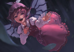 Rule 34 | 1girl, :d, animal ears, aqua nails, belph, bird ears, bird wings, commentary, dress, eyebrows hidden by hair, feathered wings, fingernails, flying, frilled dress, frilled sleeves, frills, full body, hand on own chest, hat, highres, leaf, long sleeves, looking at viewer, mystia lorelei, nail polish, open hand, open mouth, outstretched arm, pink dress, pink eyes, pink hair, pink hat, sharp fingernails, shirt, short hair, smile, solo, swept bangs, teeth, tongue, touhou, tree, upper teeth only, white shirt, winged hat, wings