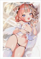 Rule 34 | 1girl, absurdres, ahoge, angel, arch, babydoll, bangle, bare shoulders, bikini, bird, blue eyes, bow, bow panties, bracelet, breasts, clothes lift, cloud, cone hair bun, cowboy shot, detached sleeves, double bun, dove, feathered wings, feathers, flock, grey hair, hair bow, hair bun, henreader, highres, holding, holding feather, jewelry, lifted by self, looking at viewer, lying, micro bikini, multicolored hair, navel, nipples, non-web source, on side, open mouth, original, panties, pink hair, ring, see-through panties, short hair, side-tie panties, single thighhigh, skindentation, sky, small breasts, smile, solo, swimsuit, teeth, thigh gap, thighhighs, tongue, two-tone hair, underwear, white feathers, white thighhighs, white wings, wings