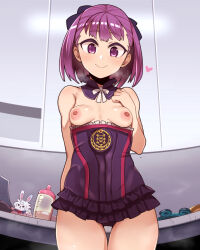 Rule 34 | 1girl, baby bottle, bare shoulders, bed, black dress, bottle, breasts, breasts out, closed mouth, clothes pull, detached collar, dress, dress pull, fate/grand order, fate (series), georugu13, heart, helena blavatsky (fate), highres, looking at viewer, nipples, purple eyes, purple hair, short dress, short hair, small breasts, smile, solo, stuffed toy, thighs