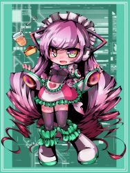 Rule 34 | 1girl, :d, bad id, bad pixiv id, bendy straw, black shirt, black thighhighs, blush, boots, breasts, commentary request, covered navel, cup, detached sleeves, drink, drinking glass, drinking straw, fang, fingernails, fork, frilled skirt, frills, green eyes, hands up, headgear, impossible clothes, impossible shirt, long hair, looking at viewer, maid, maid headdress, medium breasts, multicolored clothes, multicolored eyes, multicolored skirt, muuran, open mouth, original, puffy short sleeves, puffy sleeves, purple eyes, purple hair, shirt, short sleeves, sidelocks, skirt, smile, solo, thick eyebrows, thighhighs, very long hair, white footwear