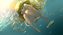 Rule 34 | 1girl, barefoot, blonde hair, blue eyes, bubble, convenient censoring, curled up, dutch angle, fish, fish censor, holding breath, kohaku (ambermoe), long hair, nude, original, solo, underwater, water