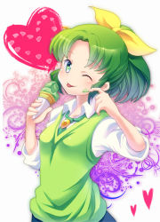 Rule 34 | 10s, 1girl, ;p, enari, food, food on face, green eyes, green hair, green necktie, green sweater vest, heart, ice cream, ice cream on face, matching hair/eyes, midorikawa nao, necktie, one eye closed, ponytail, precure, school uniform, short hair, sleeves rolled up, smile, smile precure!, solo, sweater vest, tongue, tongue out, wink