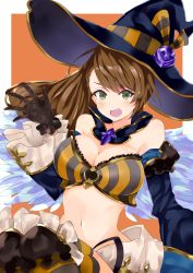 Rule 34 | 10s, 1girl, bad id, bad pixiv id, bare shoulders, beatrix (granblue fantasy), breasts, brown hair, cleavage, collar, detached sleeves, frilled sleeves, frills, gloves, granblue fantasy, green eyes, halloween, hat, highres, long hair, looking at viewer, medium breasts, navel, open mouth, ponytail, solo, witch hat, work2