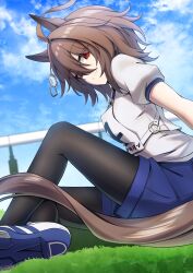 Rule 34 | 1girl, absurdres, agnes tachyon (umamusume), ahoge, animal ears, black pantyhose, blue shorts, blue sky, blurry, blurry background, breasts, brown hair, closed mouth, cloud, cloudy sky, commentary request, earrings, highres, horse ears, horse girl, horse tail, jewelry, knee up, looking at viewer, medium breasts, messy hair, on grass, on ground, original race uniform (umamusume), outdoors, pantyhose, puffy short sleeves, puffy sleeves, race bib, red eyes, ruisuke, shirt, shoes, short hair, short sleeves, shorts, single earring, sitting, sky, smile, sneakers, solo, tail, umamusume, white shirt