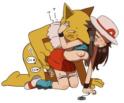 Rule 34 | 1boy, 1girl, all fours, animal ears, black eyes, blue legwear, blue shirt, blush, breasts, breath, brown hair, closed eyes, clothes lift, creatures (company), full body, furry, game freak, gen 1 pokemon, green (pokemon), half-closed eyes, hand on another&#039;s face, hand up, hat, heart, hetero, highres, hypno, interspecies, japanese text, long hair, looking at another, miniskirt, navel, nintendo, nipples, no bra, nose blush, open mouth, panties, panty pull, pendulum, pokemon, pokemon (creature), pokemon frlg, pokephilia, red footwear, red skirt, semi kon, shirt, shirt lift, shoes, simple background, skirt, sleeveless, sleeveless shirt, small breasts, socks, speech bubble, stomach, sweat, sweatband, teeth, translation request, underwear, white background, white headwear, white panties