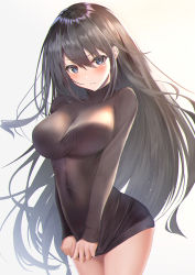 Rule 34 | 1girl, bad id, bad pixiv id, black hair, black sweater, blue eyes, blush, bottomless, breasts, closed mouth, clothes tug, covered navel, cowboy shot, embarrassed, hair between eyes, highres, large breasts, long hair, long sleeves, looking at viewer, original, ribbed sweater, simple background, solo, sweater, sweater tug, turtleneck, turtleneck sweater, v arms, very long hair, white background, yk (pixiv43531291)