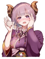 Rule 34 | 1girl, alcohol, black ribbon, blush, breasts, brown horns, choko (cup), commentary request, cup, demon girl, demon horns, floral print, futatsumuji, hand on own face, highres, holding, holding cup, horns, japanese clothes, kimono, looking at viewer, medium bangs, medium breasts, medium hair, mole, mole under mouth, nanashi inc., neck ribbon, nose blush, obi, open mouth, print kimono, purple brooch, purple hair, purple kimono, ribbon, saionji mary, sake, sash, simple background, solo, upper body, virtual youtuber, white background