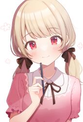 Rule 34 | 1girl, absurdres, blonde hair, blush, collared shirt, daysss, hair ribbon, highres, holding, holding pencil, long hair, looking at viewer, low twintails, mechanical pencil, neck ribbon, original, pencil, red eyes, ribbon, shirt, short sleeves, smile, solo, twintails, upper body