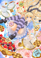 Rule 34 | 1girl, alice (alice in wonderland), alice in wonderland, blue eyes, cake, card, chain, checkerboard cookie, chestnut mouth, clock, cookie, cup, english text, flower, food, hair ribbon, highres, long hair, maru-pen, open mouth, pink flower, pink rose, playing card, pocket watch, ribbon, rose, saucer, solo, striped clothes, striped thighhighs, tart (food), tea, teacher, teacup, thighhighs, thighs, upskirt, very long hair, watch