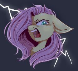 Rule 34 | 1girl, animal ears, fluttershy, green eyes, grey background, hair over one eye, lightning, long hair, looking at viewer, melodylibris, my little pony, my little pony: friendship is magic, no humans, open mouth, pegasus, pink hair, portrait, solo, tearing up, teeth, yellow fur