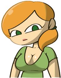 Rule 34 | 1girl, alex (minecraft), breasts, cleavage, collarbone, green eyes, green shirt, large breasts, long hair, looking at viewer, minecraft, orange hair, ponytail, shirt, short sleeves, side ponytail, standing, upper body, vilepluff, white background