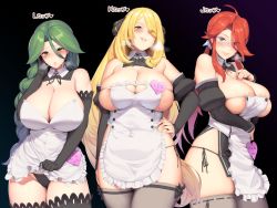 Rule 34 | 3girls, apron, bare shoulders, blonde hair, blush, breasts, cheryl (pokemon), cleavage, cleavage cutout, clothing cutout, cosplay, creatures (company), curvy, cynthia (pokemon), dream c club, dream c club (series), female focus, game freak, green eyes, green hair, grey eyes, hakai shin, heart cutout, huge breasts, large breasts, looking at viewer, lorelei (pokemon), multiple girls, nearly naked apron, nintendo, panties, pokemon, pokemon dppt, pokemon frlg, red eyes, red hair, smile, thick thighs, thighhighs, thighs, underwear, wide hips