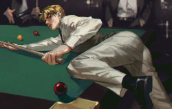 Rule 34 | 3boys, blonde hair, cue stick, dio brando, emg (christain), formal, jojo no kimyou na bouken, loafers, lying, male focus, multiple boys, on table, pool table, red eyes, shoes, solo focus, suit, table