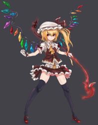 Rule 34 | 1girl, adapted costume, ascot, belt, black thighhighs, blonde hair, blush, earrings, embodiment of scarlet devil, female focus, flandre scarlet, gloves, glowing, hat, highres, jewelry, laevatein, lance, panties, pantyshot, panzer (p.z), polearm, red eyes, short hair, side ponytail, skirt, solo, standing, thighhighs, touhou, underwear, upskirt, weapon, wings