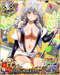 Rule 34 | 1girl, blue bow, bow, braid, breasts, card (medium), chess piece, cleavage, female focus, grayfia lucifuge, grey eyes, grey hair, hair bow, high school dxd, large breasts, long hair, maid headdress, matching hair/eyes, mature female, navel, no bra, official art, one eye closed, queen (chess), sideboob, solo, thighhighs, twin braids, wink