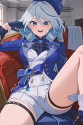 Rule 34 | 1girl, :d, absurdres, ahoge, ascot, asymmetrical gloves, bare legs, black ascot, blue eyes, blue gloves, blue hair, blue hat, blue jacket, blurry, blurry background, breasts, couch, drop-shaped pupils, furina (genshin impact), genshin impact, gloves, hair between eyes, hand on own thigh, hat, highres, indoors, jacket, knee up, long hair, looking at viewer, medium breasts, mismatched gloves, mismatched pupils, multicolored hair, nvl, on couch, open clothes, open jacket, open mouth, short shorts, shorts, smile, solo, spread legs, symbol-shaped pupils, thigh strap, thighs, top hat, twitter username, vest, white gloves, white hair, white shorts, white vest