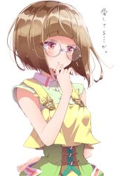 Rule 34 | 10s, 1girl, :o, arm behind back, blush, brown hair, crop top, dress, erica brown, glasses, highres, ichijo rei, looking at viewer, red eyes, short hair, simple background, sleeveless, sleeveless dress, solo, upper body, violet evergarden (series), white background, wind