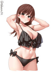 Rule 34 | 1girl, alternate costume, armpits, arms behind head, arms up, bare shoulders, bikini, black bikini, blush, breasts, brown eyes, brown hair, collarbone, cropped legs, ebifurya, frilled bikini, frills, highres, kantai collection, large breasts, long hair, looking at viewer, navel, one-hour drawing challenge, ooi (kancolle), parted lips, side-tie bikini bottom, simple background, solo, stomach, strap gap, swimsuit, thigh gap, thighs, twitter username, white background