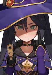 Rule 34 | 1girl, aiming, aiming at viewer, asymmetrical bangs, black choker, black gloves, black hair, breasts, capelet, choker, closed mouth, collarbone, commentary, flasso, fur-trimmed capelet, fur trim, genshin impact, gloves, green eyes, gun, hair between eyes, hat, hat ornament, highres, holding, holding gun, holding weapon, looking at viewer, middle finger, mona (genshin impact), pointing gun, portrait, purple capelet, purple hat, simple background, small breasts, solo, star (symbol), star choker, twintails, upper body, weapon, white background, witch hat