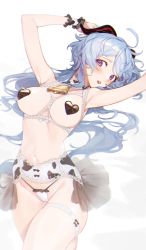Rule 34 | 00suger001, 1girl, animal print, armpits, asymmetrical legwear, bare arms, bare shoulders, blue hair, blush, breasts, cow print, ganyu (genshin impact), genshin impact, groin, heart pasties, highres, horns, large breasts, leaning back, long hair, looking at viewer, navel, open mouth, pasties, purple eyes, simple background, single thighhigh, solo, stomach, teeth, thighhighs, uneven legwear, wavy hair, white background, wristband