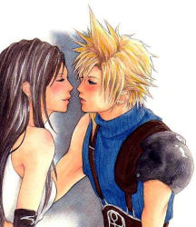 Rule 34 | 1990s (style), closed eyes, cloud strife, final fantasy, final fantasy vii, imminent kiss, lowres, retro artstyle, shadow, simple background, tifa lockhart