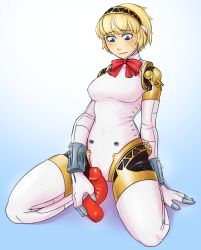 Rule 34 | 1girl, aegis (persona), android, armband, blonde hair, blue eyes, blush, bow, bowtie, dildo, hairband, highres, ittla, joints, persona, persona 3, robot joints, sex toy, short hair, solo