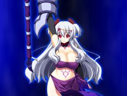 Rule 34 | 1girl, arms up, blue background, breasts, cleavage, collar, fenrir (venus blood), game cg, horns, huge breasts, legs, long hair, looking at viewer, pointy ears, red eyes, simple background, smile, solo, standing, tattoo, thighs, venus blood, venus blood: frontier, weapon, white hair
