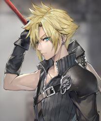 Rule 34 | 1boy, blonde hair, blue eyes, closed mouth, cloud strife, commentary request, earrings, ears visible through hair, final fantasy, final fantasy vii, hair between eyes, highres, holding, jewelry, looking at viewer, male focus, momoko (momopoco), multicolored background, muscular, short hair, shoulder pads, solo, spiked hair, sword, weapon