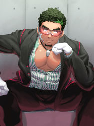 Rule 34 | 1boy, bara, black hair, black jacket, black pants, bulge, dark-skinned male, dark skin, elbow rest, facial hair, feet out of frame, goatee, green hair, green shirt, highres, jacket, jewelry, karamaru (karamari 11), kyoichi (active agent) (live a hero), kyoichi (live a hero), large pectorals, live a hero, looking at viewer, male focus, mature male, multicolored hair, muscular, muscular male, necklace, official alternate costume, open clothes, open jacket, pants, partially unbuttoned, pectoral cleavage, pectorals, shirt, short hair, smile, solo, spread legs, streaked hair, striped clothes, striped shirt, thighs