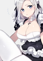 Rule 34 | 1girl, black ribbon, blue eyes, breasts, curly hair, dress, grey background, headband, large breasts, looking at viewer, maid, maid headdress, open mouth, original, pantyhose, ribbon, shirasu uni, short hair, simple background, sitting, solo, thighs, white hair, white pantyhose