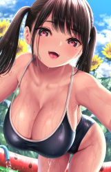 Rule 34 | 1girl, :d, bare shoulders, bent over, black hair, blue one-piece swimsuit, blurry, blurry background, blush, breasts, cleavage, cloud, commentary request, competition school swimsuit, cowboy shot, day, dripping, field, flower, flower field, hanging breasts, hose, kase daiki, large breasts, leaning forward, long hair, looking at viewer, mole, mole on breast, mole under eye, one-piece swimsuit, open mouth, original, outdoors, purple eyes, school swimsuit, sidelocks, sky, smile, solo, sunflower, sunflower field, swimsuit, teeth, twintails, upper teeth only, water, wet, yellow flower