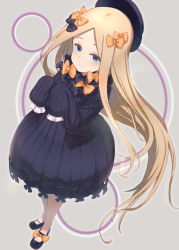Rule 34 | 1girl, abigail williams (fate), black bow, black dress, black footwear, black headwear, blonde hair, blue eyes, blush, bow, closed mouth, dress, fate/grand order, fate (series), forehead, grey background, hair bow, highres, liom kazuya, long hair, long sleeves, looking at viewer, multiple bows, orange bow, parted bangs, ribbed dress, sleeves past fingers, sleeves past wrists, smile, solo, very long hair