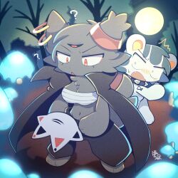 Rule 34 | angry, animal ears, bandages, bayachao, bear, bear ears, bear girl, black cape, black pants, cape, cat, cat ears, cat girl, cat tail, confused, extra eyes, forest, furry, furry female, halloween, mask, moon, mushroom, nature, night, open mouth, original, pants, red pupils, tail