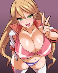 Rule 34 | 1girl, :d, bikini, bikini top only, blonde hair, blush, breasts, cleavage, collarbone, cowboy shot, cropped jacket, earrings, foreshortening, from above, gradient background, green eyes, gundam, gundam tekketsu no orphans, hair between eyes, heart, heart earrings, highres, huge breasts, jacket, jewelry, konno tohiro, lafter frankland, long hair, looking at viewer, looking up, low twintails, nail polish, naughty face, open clothes, open jacket, open mouth, panties, red nails, seductive smile, skindentation, smile, solo, striped clothes, striped panties, swimsuit, thighhighs, tongue, tongue out, tsurime, twintails, underwear, v, white thighhighs
